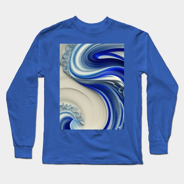 Swirly Flowing Ivory And Cobalt Curlicues Long Sleeve T-Shirt by Chance Two Designs